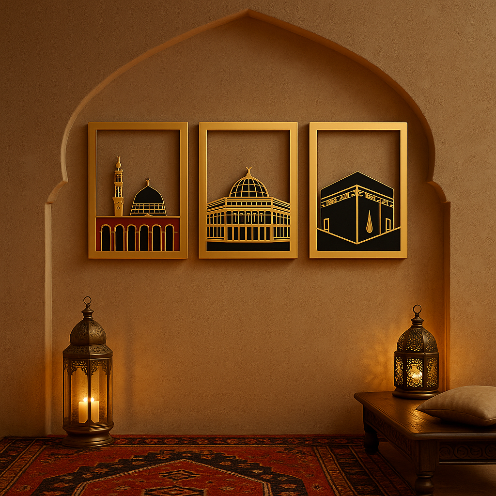 Majestic Islamic Wall Art Home Decor - Masjid Al Aqsa, Masjid Al Haram & Masjid An-Nabawi - Set of Three - Ideal Gift for Ramadan & Eid