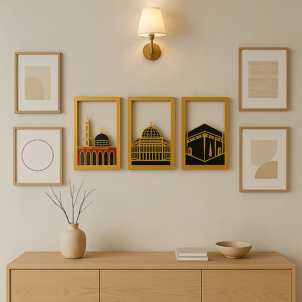 Majestic Islamic Wall Art Home Decor - Masjid Al Aqsa, Masjid Al Haram & Masjid An-Nabawi - Set of Three - Ideal Gift for Ramadan & Eid