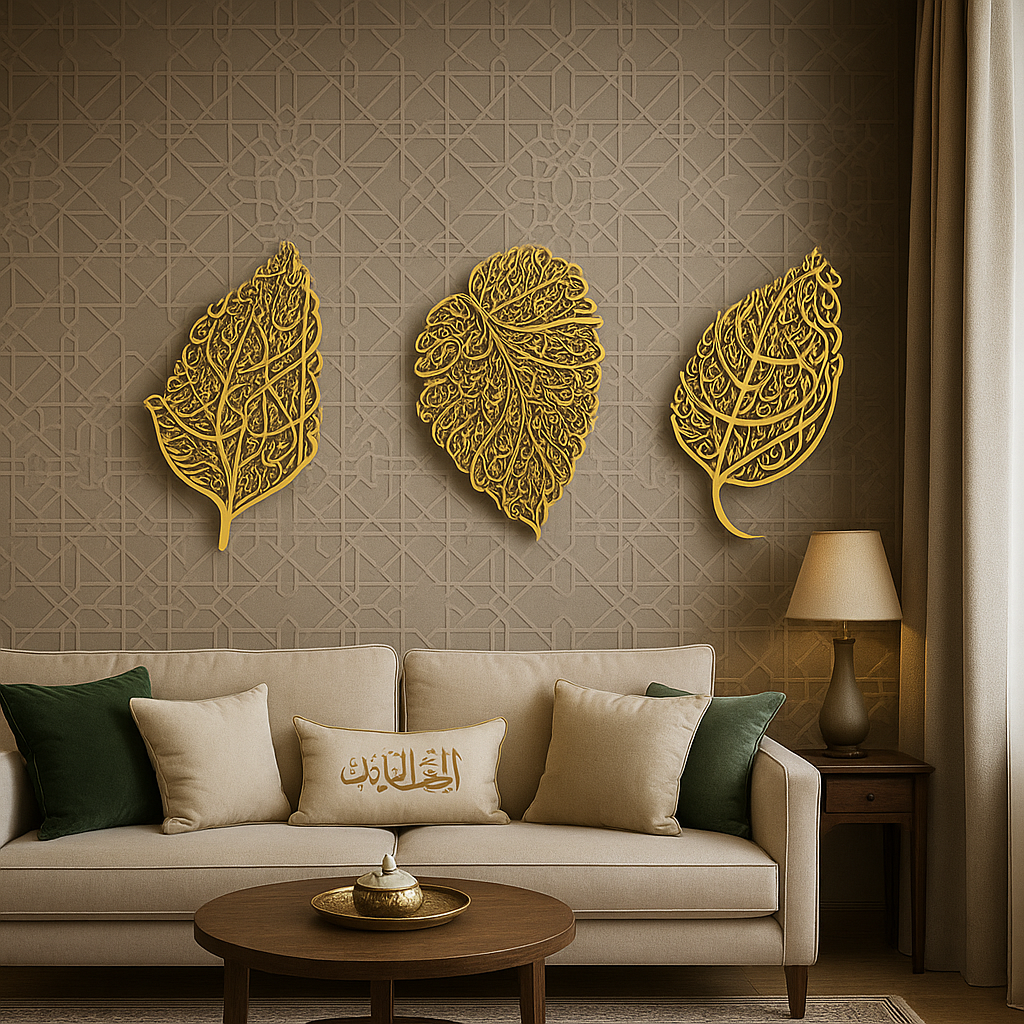 Set of 3 Ayatul Kursi, Surah An-Nâs and Surah Al-Falaq Islamic Wall Art (Leaf Pattern)