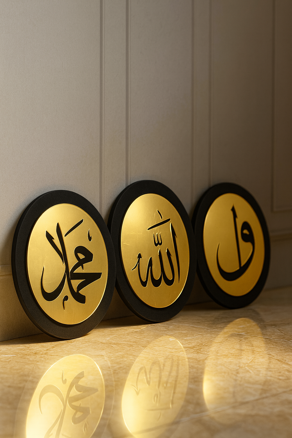 3-Piece Golden Islamic Wall Art Set – Allah, Muhammad & Arabic Calligraphy