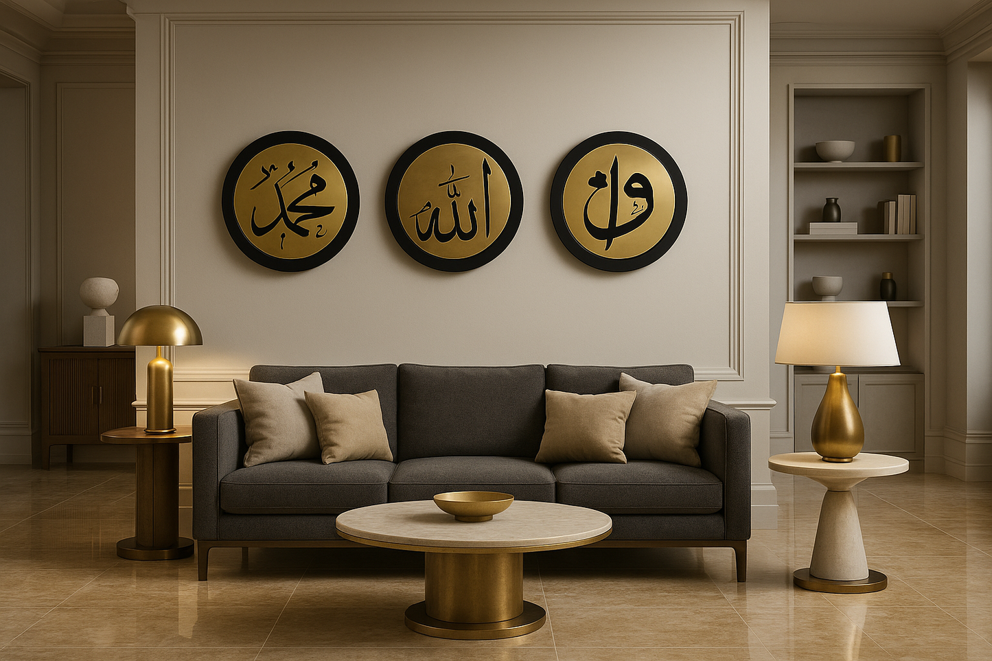 3-Piece Golden Islamic Wall Art Set – Allah, Muhammad & Arabic Calligraphy