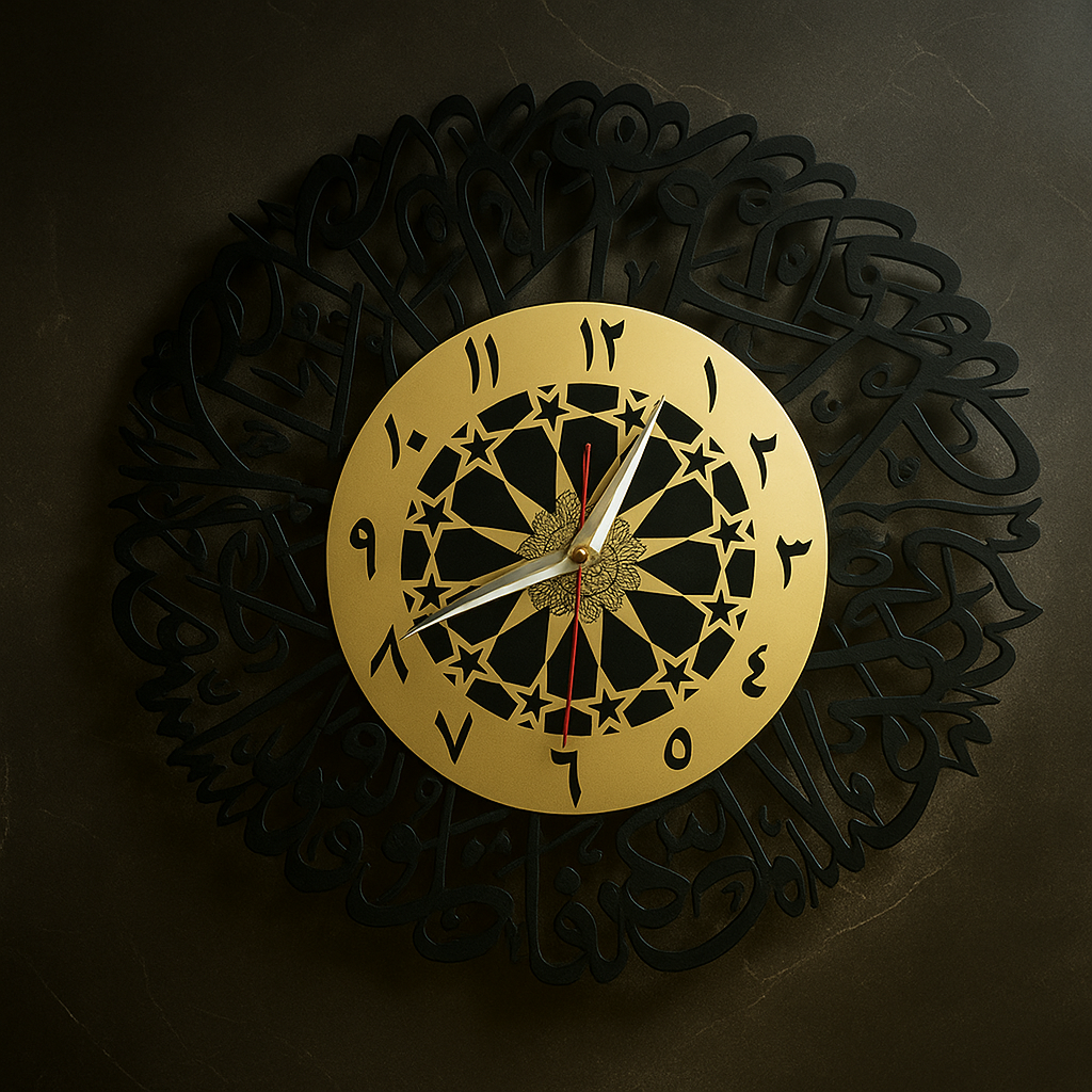 Surah Al-Ikhlas Islamic Wall Clock | Arabic Calligraphy Clock in Black-Gold Acrylic | Muslim Home Decor