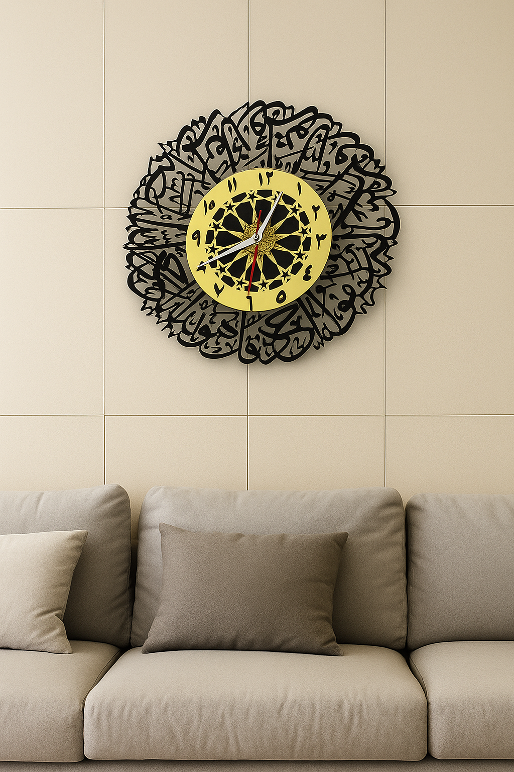 Surah Al-Ikhlas Islamic Wall Clock | Arabic Calligraphy Clock in Black-Gold Acrylic | Muslim Home Decor